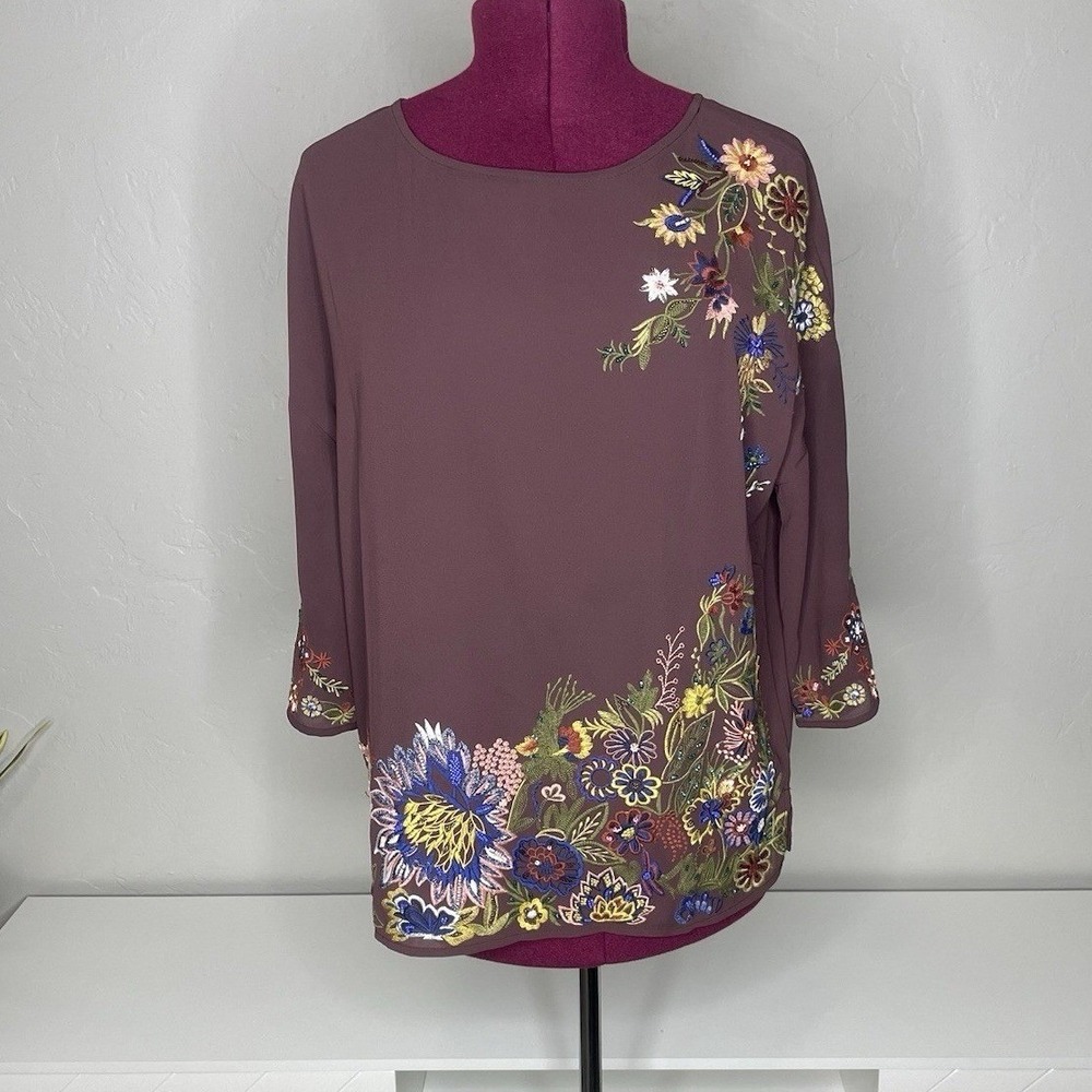 Soft Surroundings Blouse Womens Medium Plum Floral Embroidered Beaded Top 2FJ60